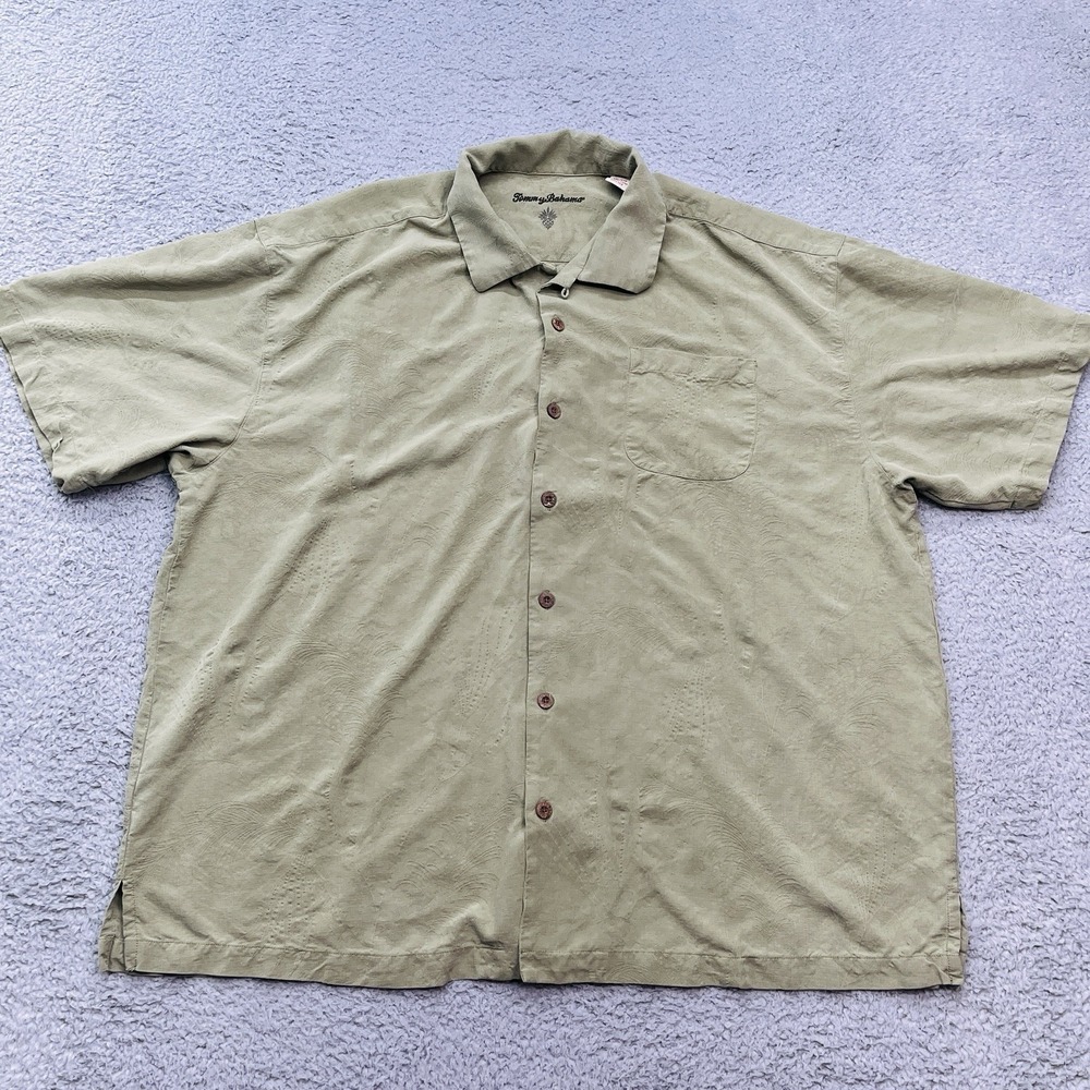 Tommy Bahama 100% Silk Shirt Mens 2XL Palm Trees Design Green Loop Collar Button